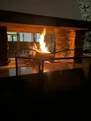 a fireplace with a fire in it at Passion & Sense Studios Pamporovo in Pamporovo