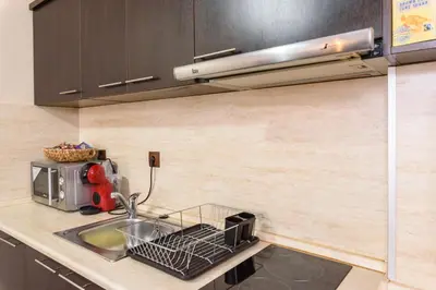 a kitchen with a sink and a dish drying rack at Liftside Alpine Suite in Bansko