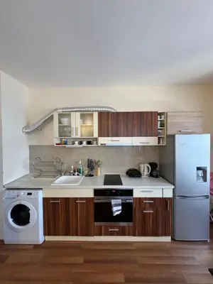 a kitchen with a sink and a white refrigerator at Mimsi Apartment in Pamporovo