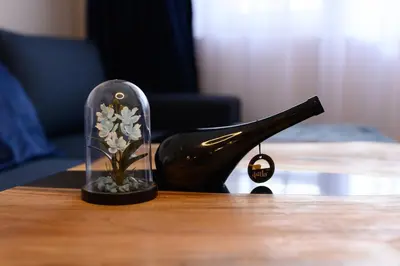 a bottle and a flower in a glass case on a table at Cozy 2BDR & Peaceful Location & Free Street Parking in Blagoevgrad
