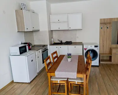 a kitchen with a table and chairs and a washing machine at STRIM Apartment 406 Stream Resort, Pamporovo in Pamporovo
