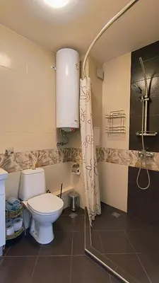 a bathroom with a toilet and a shower at Cosy 2-bedroom apartment near the ski road Bansko in Bansko