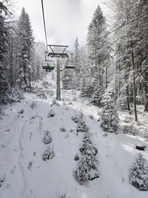 a ski lift in the snow with trees at Sun Stream Apartment in Pamporovo