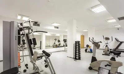 a gym with several treadmills and exercise bikes at Alenik Private Apartment -The Stream Resort Pamporovo in Pamporovo