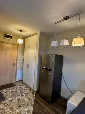 a kitchen with a black refrigerator and two lights at New Bulgarian Apartment in Sofia
