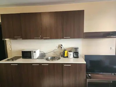 a kitchen with wooden cabinets and a sink and a microwave at Pirin View Apartment in Bansko