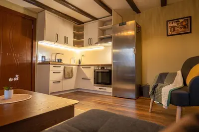 a kitchen with a stainless steel refrigerator and a table at Гусу Баба in Kostenets Village