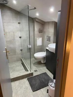 a bathroom with a shower and a toilet and a sink at Elegant 3 Alexander Services Apartments luxury four bedroom penthouse in Bansko
