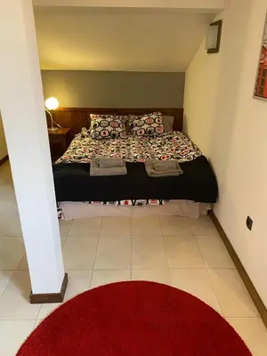 a bedroom with a bed with a red rug at Elegant 3 Alexander Services Apartments luxury four bedroom penthouse in Bansko