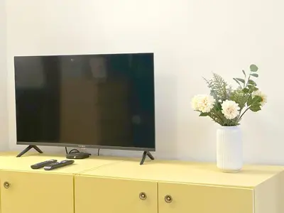 a television on a dresser with a vase of flowers at Aurora Abode - Top Center 1 BDR Fast Wi-fi in Sofia