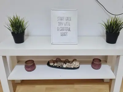 a white console table with two potted plants at Apartment for four next to blvd Vitosha in Sofia