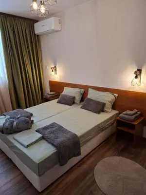 a bedroom with a large bed with two pillows at Двуспален апартамент Милена в хотел Росица,Пампорово in Pamporovo