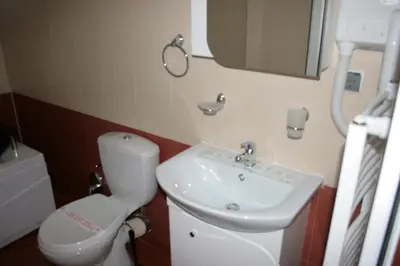 a bathroom with a white toilet and a sink at Tora Bora Guest House in Pancharevo