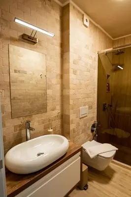 a bathroom with a white sink and a shower at Къщи за гости ПАВЛЕВСКИ in Banya