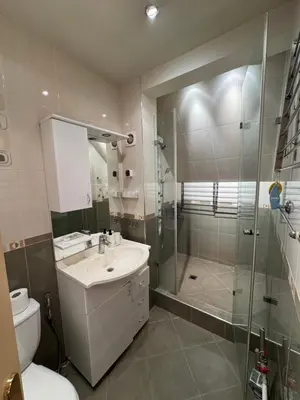 a bathroom with a shower and a sink and a toilet at Mall Bulgaria Apartment in Sofia