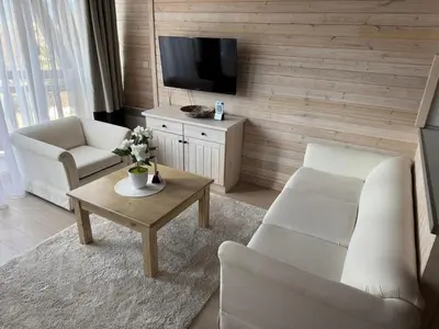 a living room with a chair and a tv at Pirin Golf SP Apartments in Razlog