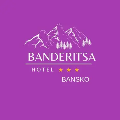 a hotel logo with mountains and stars on a purple background at Banderitsa Hotel and Casino in Bansko