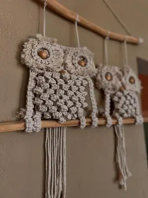two knitted owls are hanging on a wall at CozyHomes in Bansko