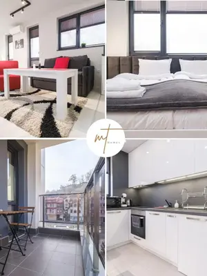 a collage of photos of a bedroom and a living room at Heart of Plovdiv Studio Apartment Free Parking in Plovdiv