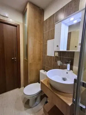 a bathroom with a white toilet and a sink at Woodsy views 1 bedroom apartment in Bansko