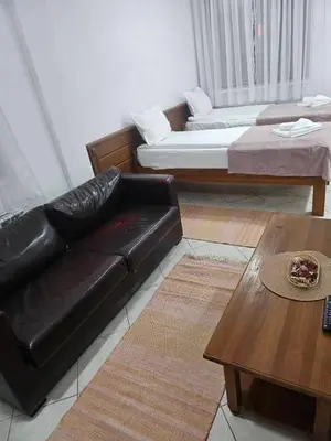 a living room with a couch and a bed and a table at Gondola Peak Apartment in Bansko