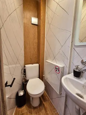a bathroom with a toilet and a sink at Botev's Finest 3BR in Sofia