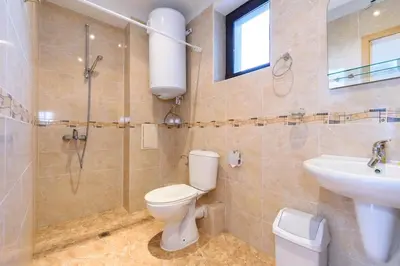 a bathroom with a toilet and a sink and a shower at Niki's cosy place in Bansko