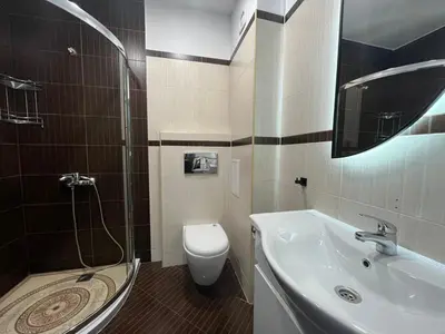 a bathroom with a shower and a sink and a toilet at Ski cosy apartment 5 in Bansko