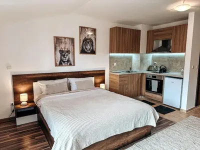 a bedroom with a large bed and a kitchen at Pirin Apartament in Bansko