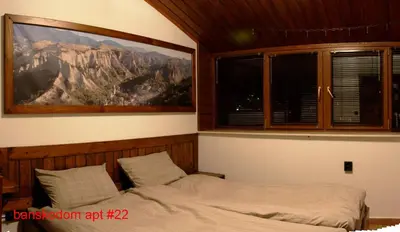 a bedroom with a bed and a mountain painting on the wall at Banskodom in Bansko