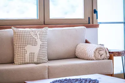 a couch with a pillow with a deer on it at Host2U Mountain 2 Bedrooms - Fireplace in Bansko