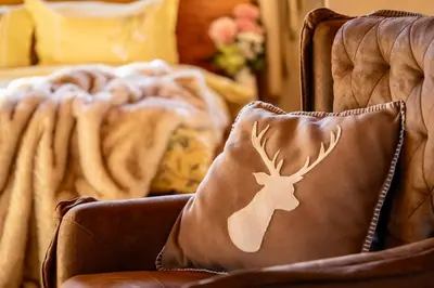a brown chair with a pillow with a deer on it at Host2U Penthouse 2-Bedrooms The Best View - Free Parking in Bansko