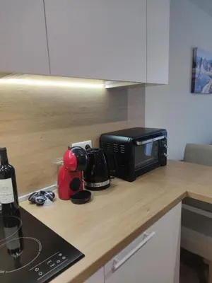 a kitchen counter with a microwave and a toaster oven at Forest Chamkoria Apartment in Borovets