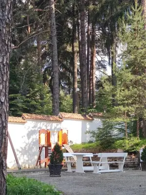 a group of chairs sitting in front of a house at Forest Chamkoria Apartment in Borovets