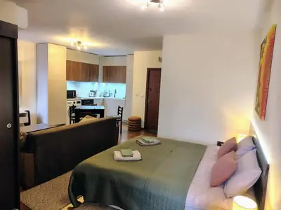 a bedroom with a bed and a couch in a room at Great view studio Pirin Palace in Bansko