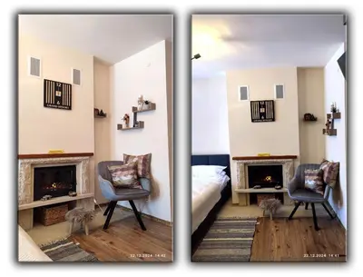 two pictures of a bedroom with a bed and a fireplace at Grand Studio B27 in Pamporovo