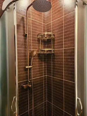 a shower with a glass door with a shower head at ELIA Apartment in Bansko