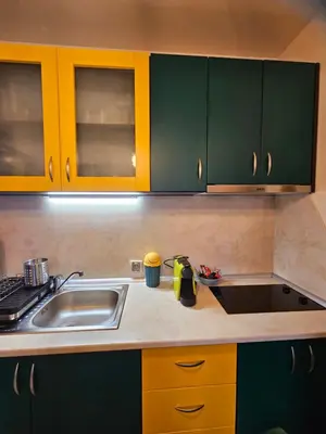 a kitchen with green and yellow cabinets and a sink at ELIA Apartment in Bansko