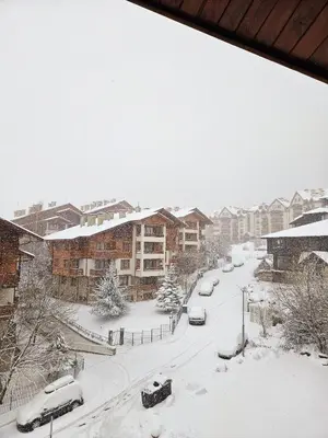 a snow covered street with parked cars in a city at ELIA Apartment in Bansko