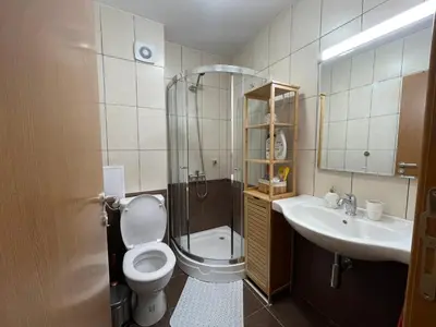a bathroom with a shower and a toilet and a sink at Montepinar Apartment Grand Resort Pamporovo in Pamporovo