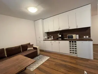 a living room with a couch and a kitchen at Montepinar Apartment Grand Resort Pamporovo in Pamporovo