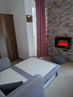 a living room with a couch and a fireplace at Sun and view cozy apartment in Razlog