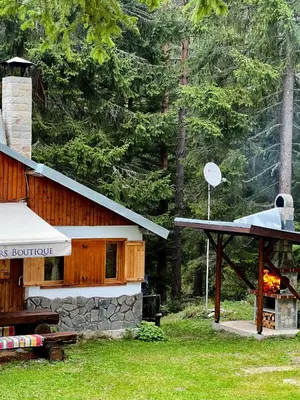 a log cabin with a fireplace and a picnic table at Вила Рози, Семково in Semkovo