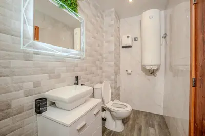 a bathroom with a toilet and a sink and a mirror at Holiday home with indoor fireplace in Pamporovo