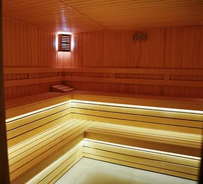 an empty sauna with wood paneling and a light in it at SnowLine Flora in Borovets