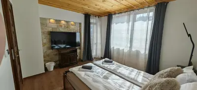 a bedroom with a bed and a tv and a window at Rhodopski Apartment in Chepelare