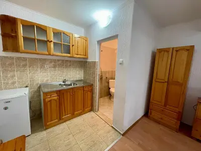 a kitchen with wooden cabinets and a sink and a toilet at Вила Стряма in Hisarya