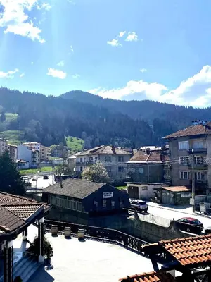 a city with buildings and a mountain in the background at Апартамент и Студио Перелик in Chepelare