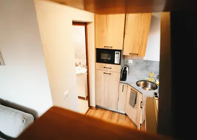 a small kitchen with a sink and a microwave at ЕКО Къщи Марциганица in Dobrostan