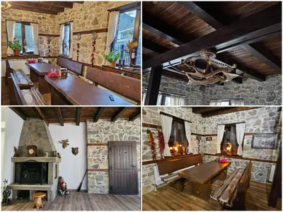 a group of four pictures of a room with a fireplace at Къща за гости МЕЧА СТЪПКА in Gela